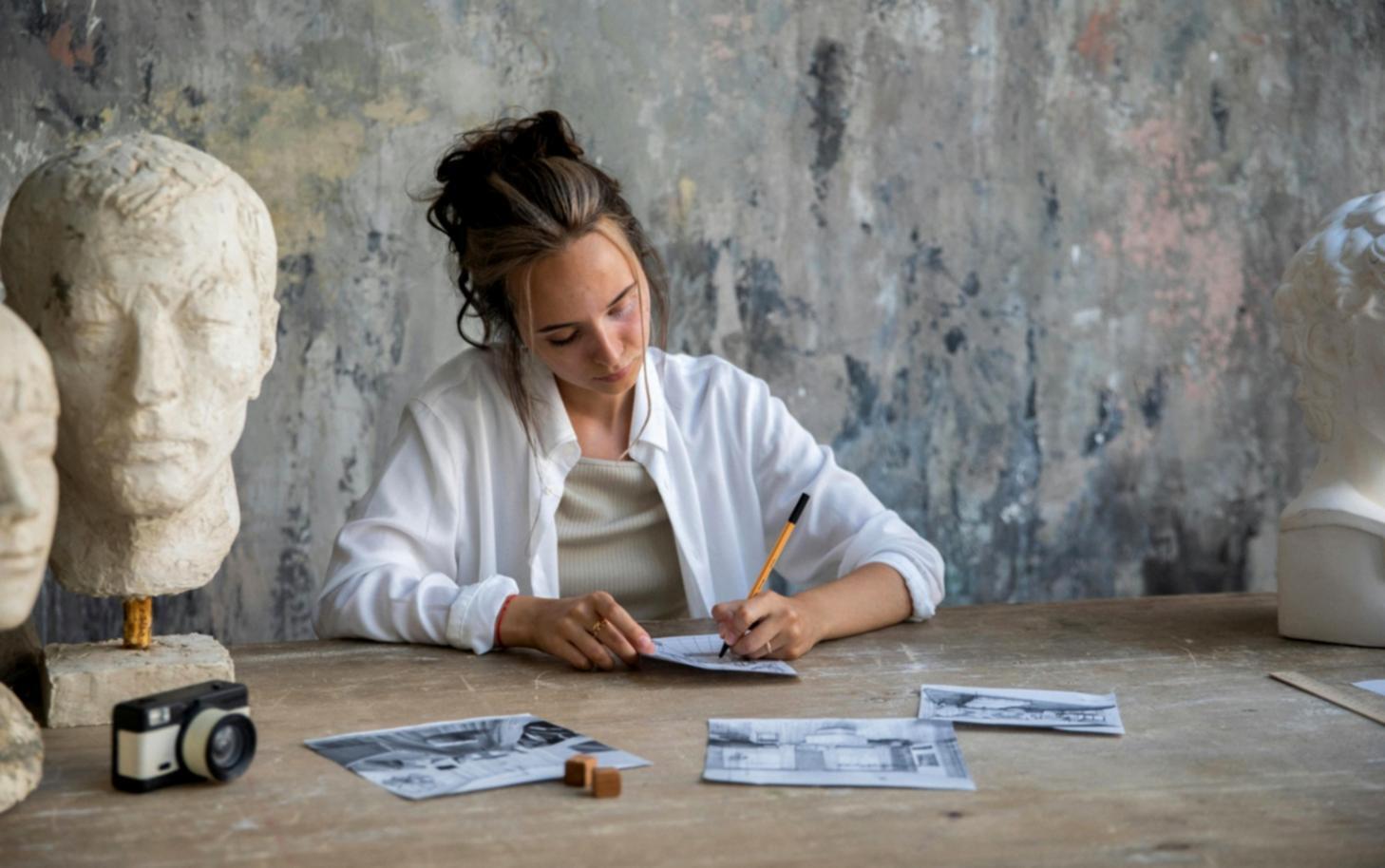 Set completo di materiali per acquerello disposti su tavolo da lavoro